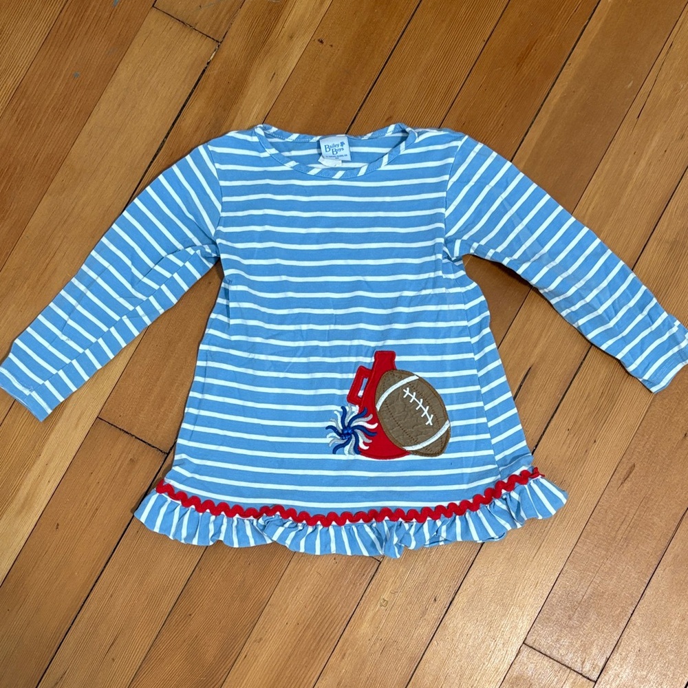 Blue & White Striped Long Sleeve Girls Tunic with Football Applique